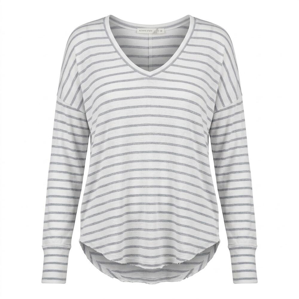 Altar'd State Gray White Striped V-Neck Long Sleeve Knit Top Women Size XXL